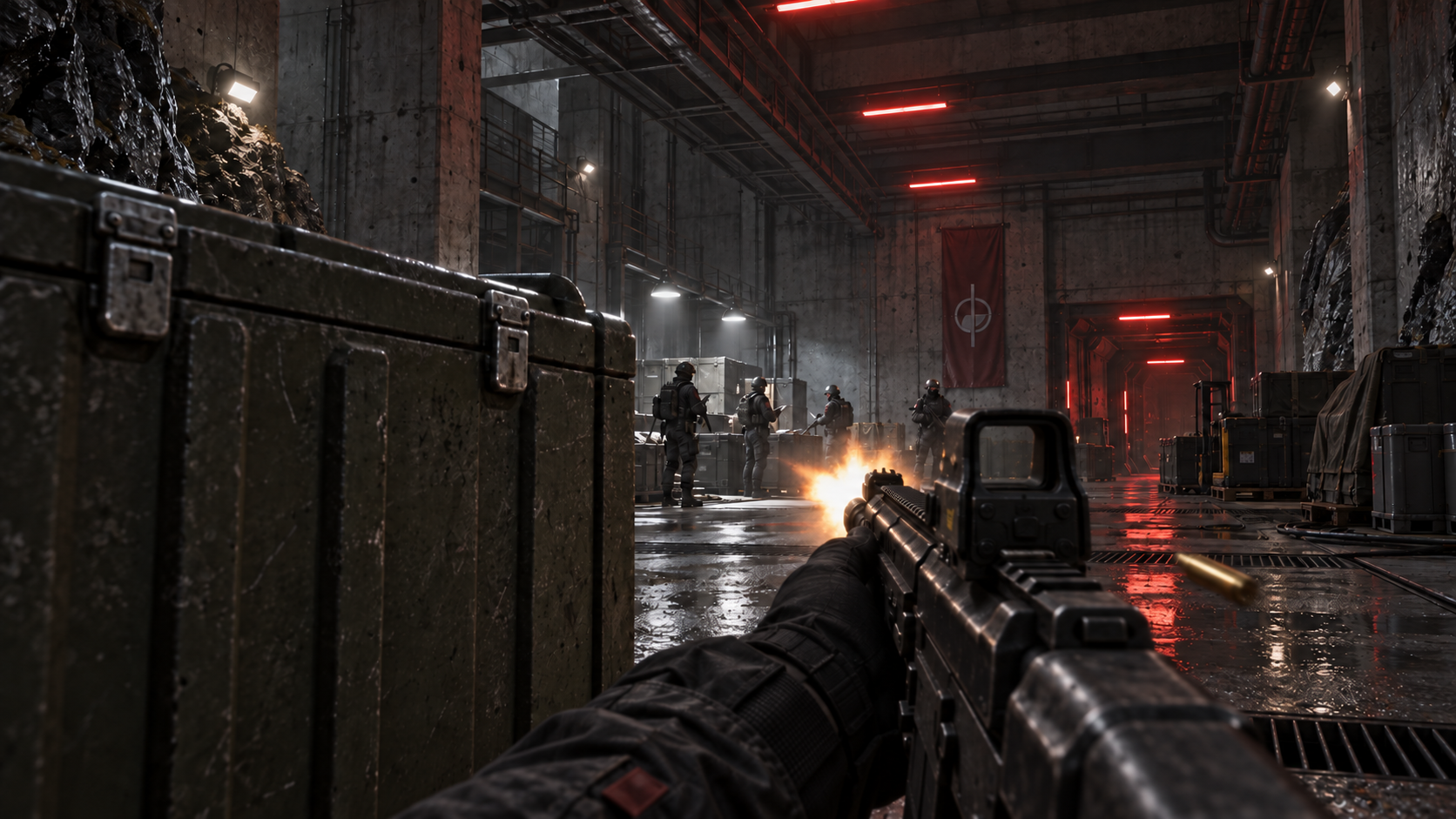 Original first-person gameplay illustration: firing from behind an equipment crate inside the mountain facility, with four enemy guards farther down the loading hall