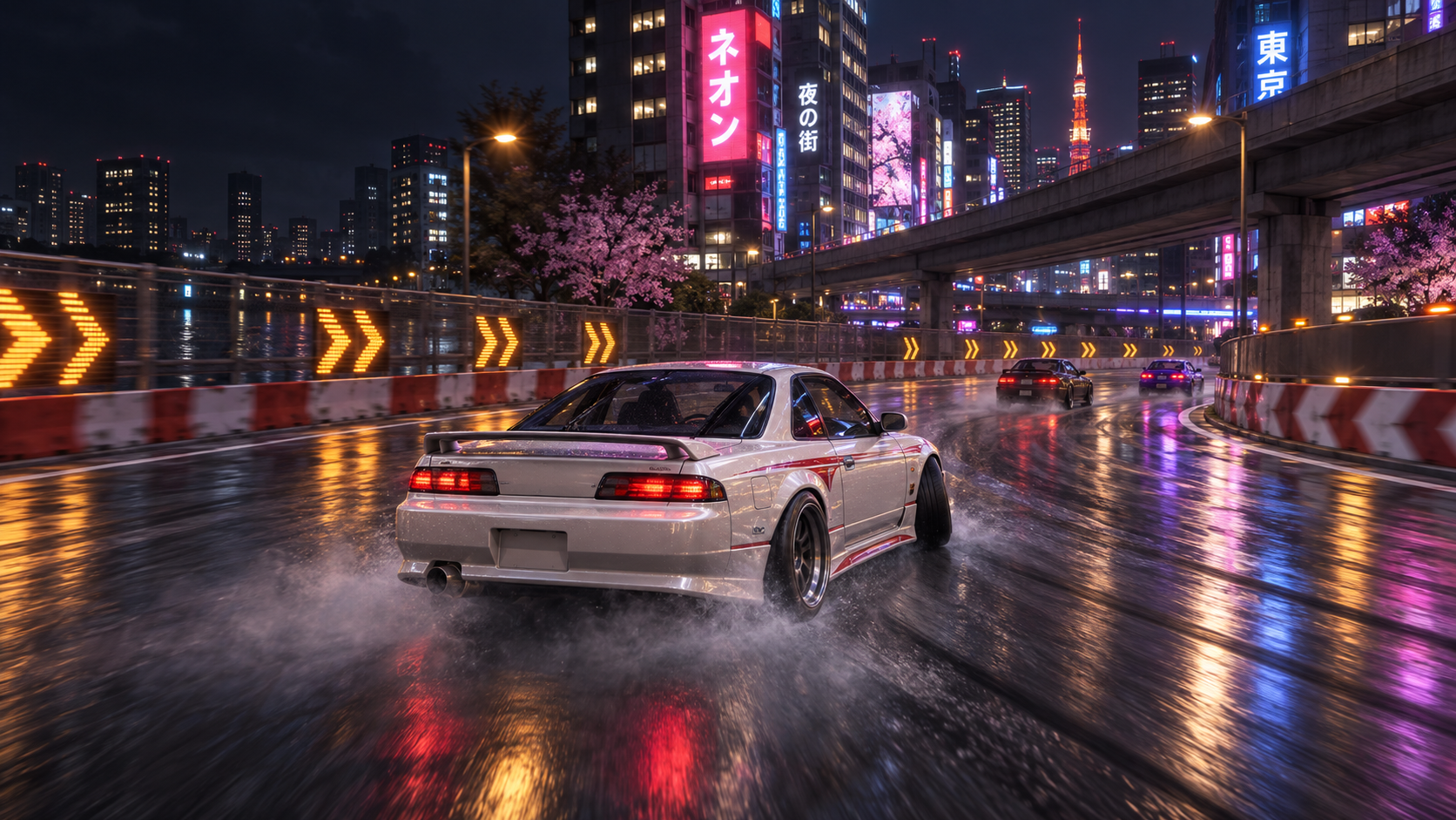 Original racing-game illustration: a white sports coupe drifting around a wet, neon-lit Tokyo-inspired city circuit, with a racing HUD and Redunar’s FPS counter